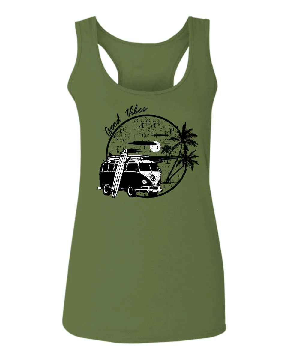 Big Cool Hipster Good Vibes Vintage Graphic surf Beach Print Summer  women's Tank Top sleeveless Racerback