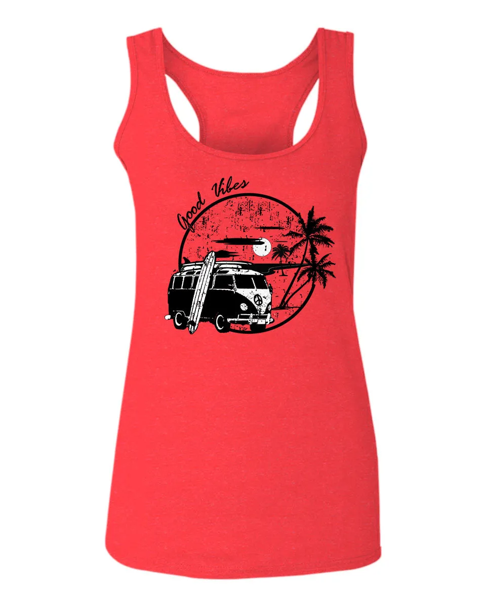 Big Cool Hipster Good Vibes Vintage Graphic surf Beach Print Summer  women's Tank Top sleeveless Racerback