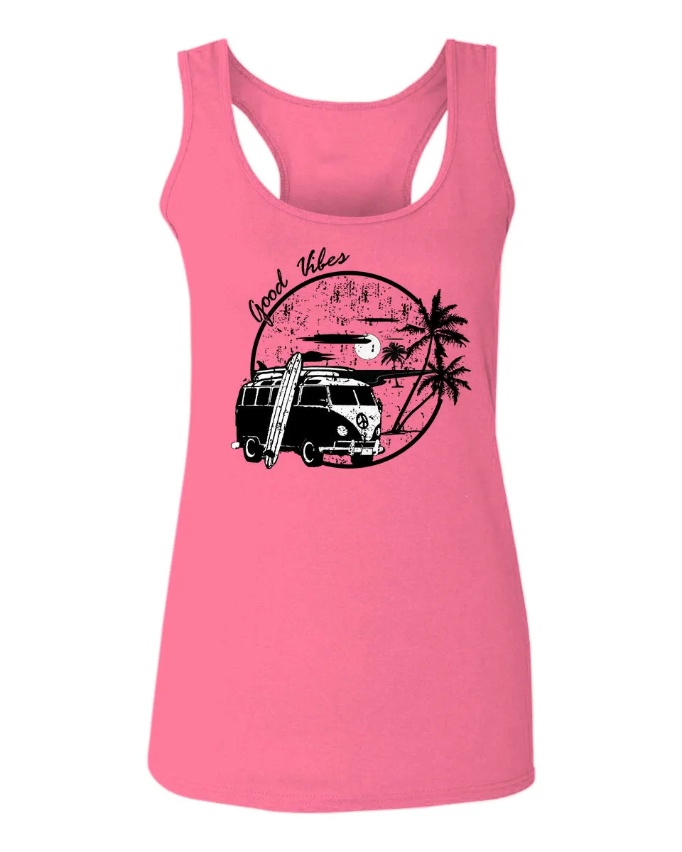 Big Cool Hipster Good Vibes Vintage Graphic surf Beach Print Summer  women's Tank Top sleeveless Racerback