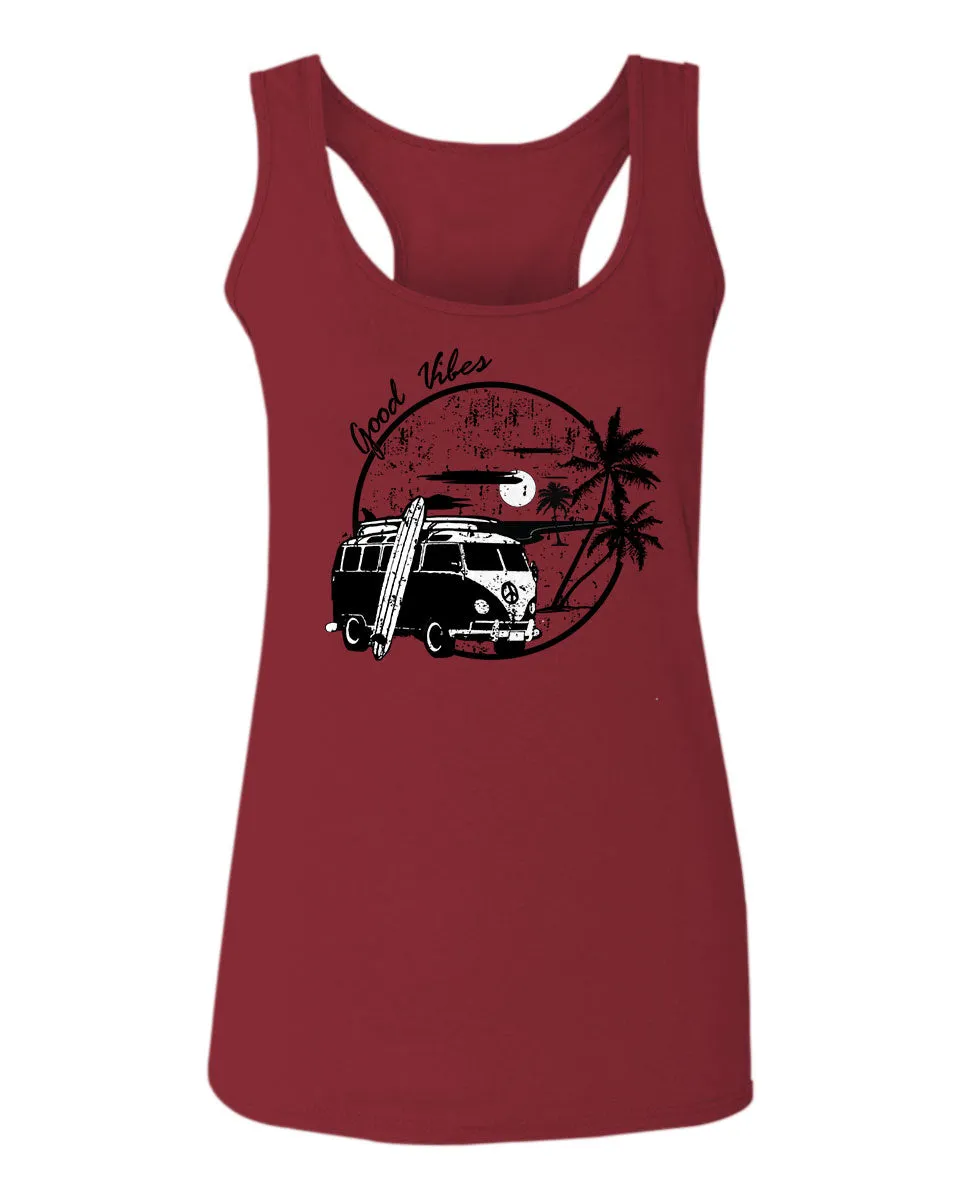 Big Cool Hipster Good Vibes Vintage Graphic surf Beach Print Summer  women's Tank Top sleeveless Racerback
