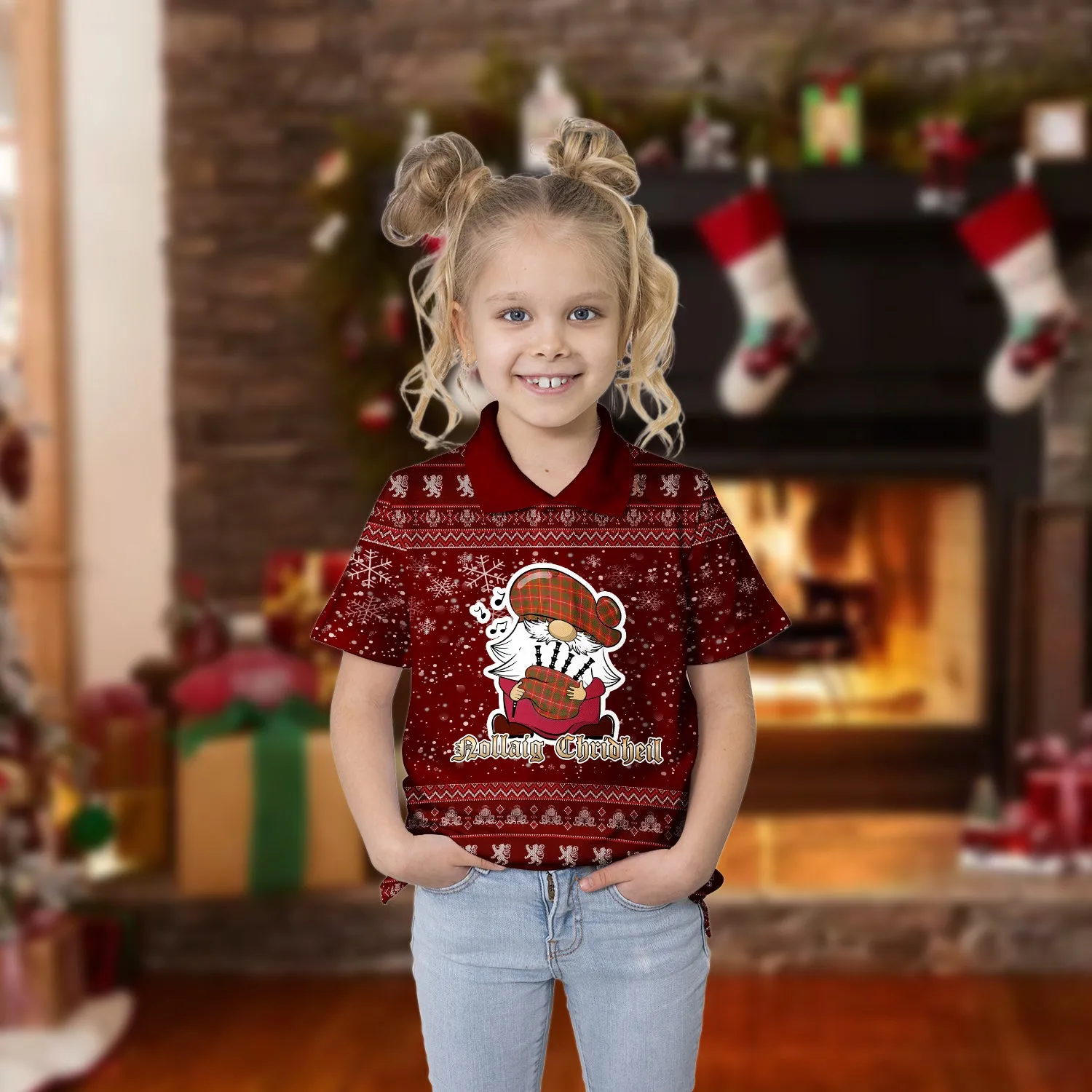 Bruce County Canada Clan Christmas Family Polo Shirt with Funny Gnome Playing Bagpipes