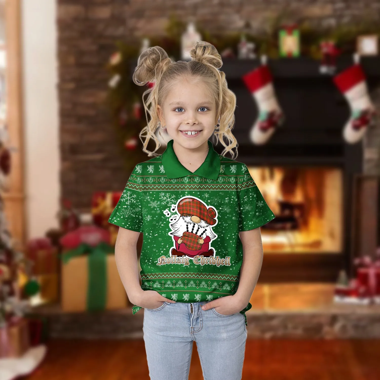 Bruce County Canada Clan Christmas Family Polo Shirt with Funny Gnome Playing Bagpipes