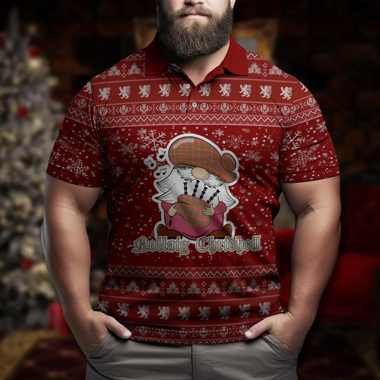 Bruce County Canada Clan Christmas Family Polo Shirt with Funny Gnome Playing Bagpipes