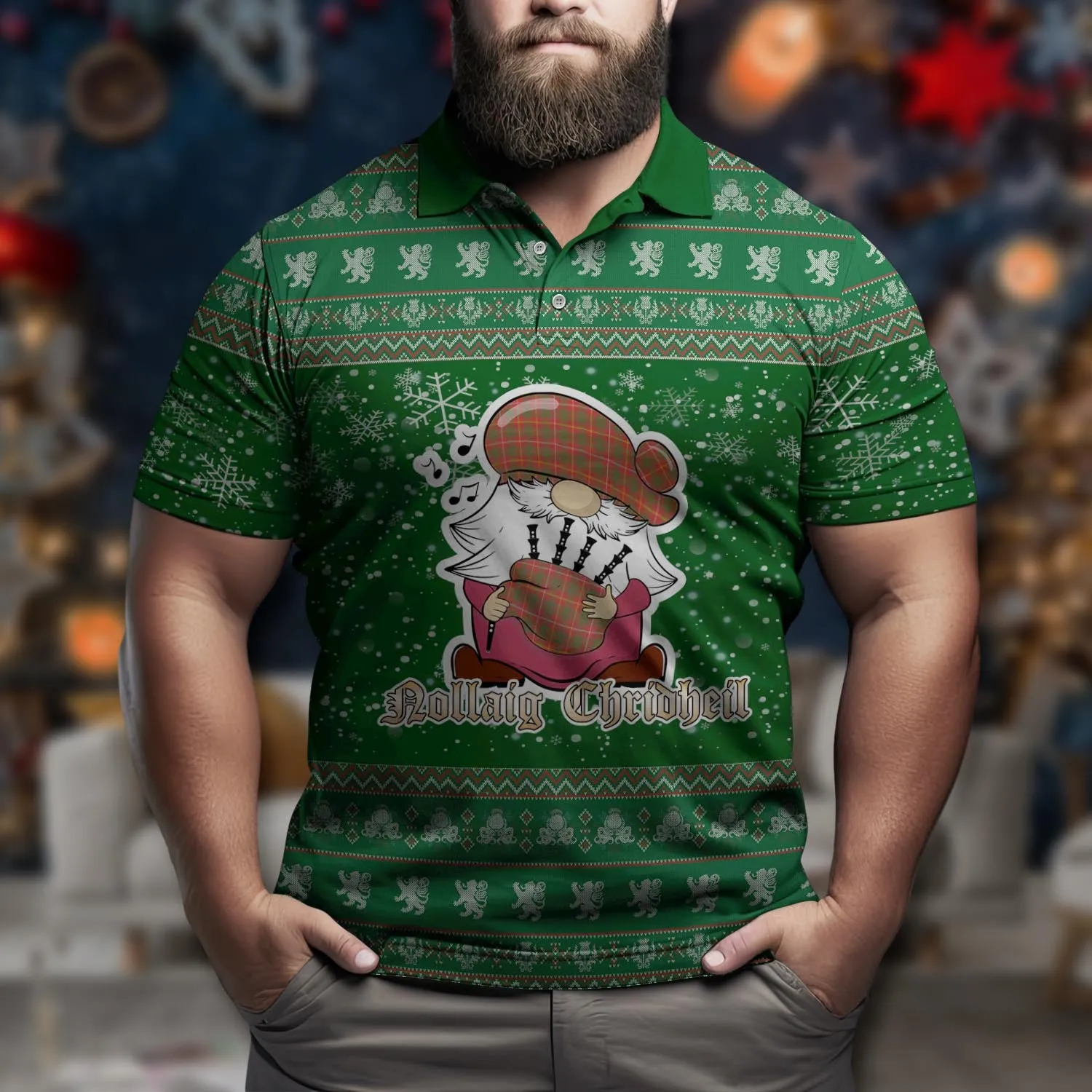 Bruce County Canada Clan Christmas Family Polo Shirt with Funny Gnome Playing Bagpipes