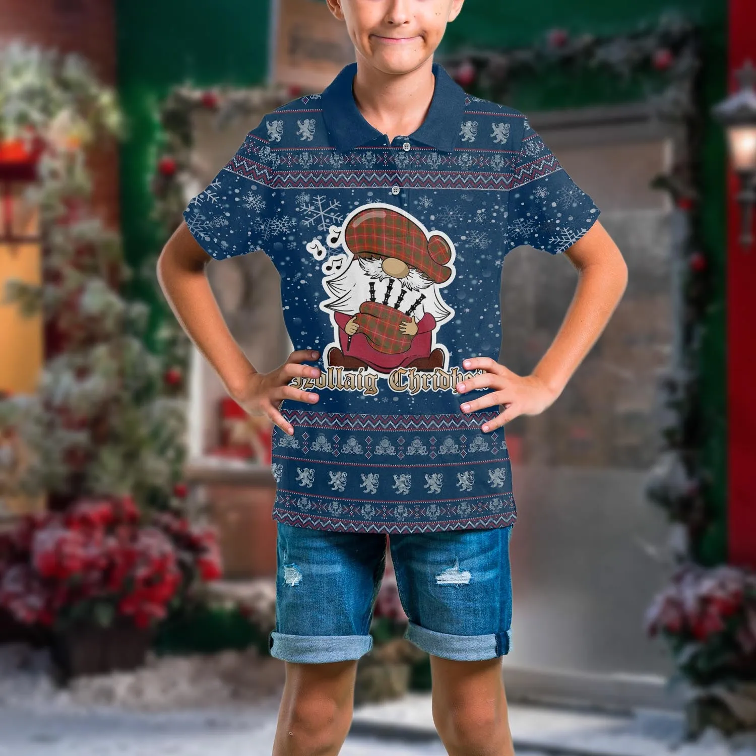 Bruce County Canada Clan Christmas Family Polo Shirt with Funny Gnome Playing Bagpipes