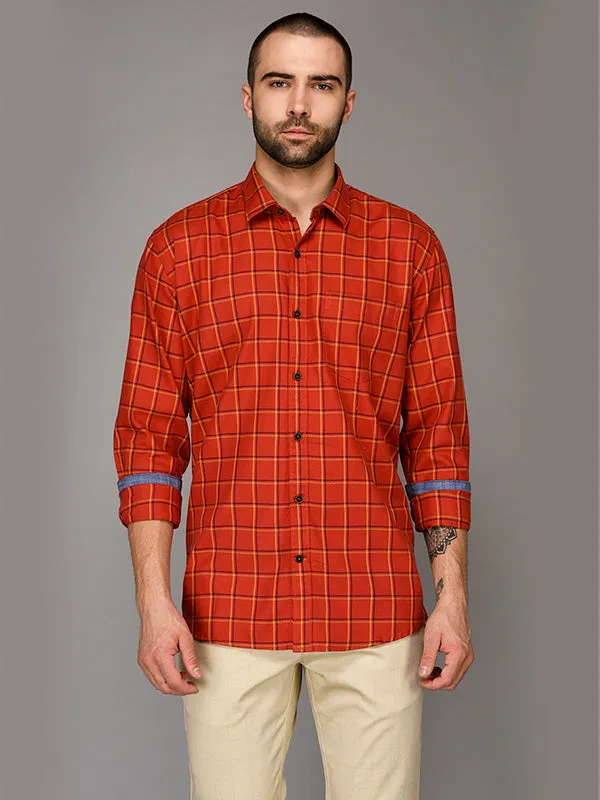 Burnt Orange Checked Slim Fit Casual Shirt | JadeBlue