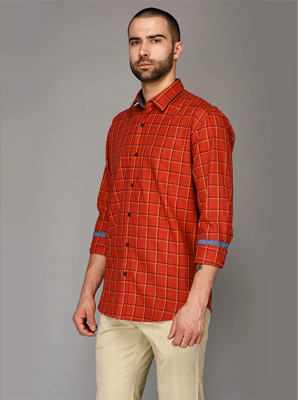 Burnt Orange Checked Slim Fit Casual Shirt | JadeBlue