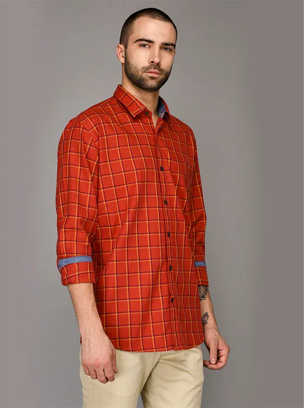 Burnt Orange Checked Slim Fit Casual Shirt | JadeBlue