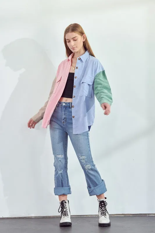 Color Block Oversized Fit Button Down Shirts