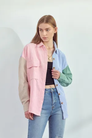 Color Block Oversized Fit Button Down Shirts