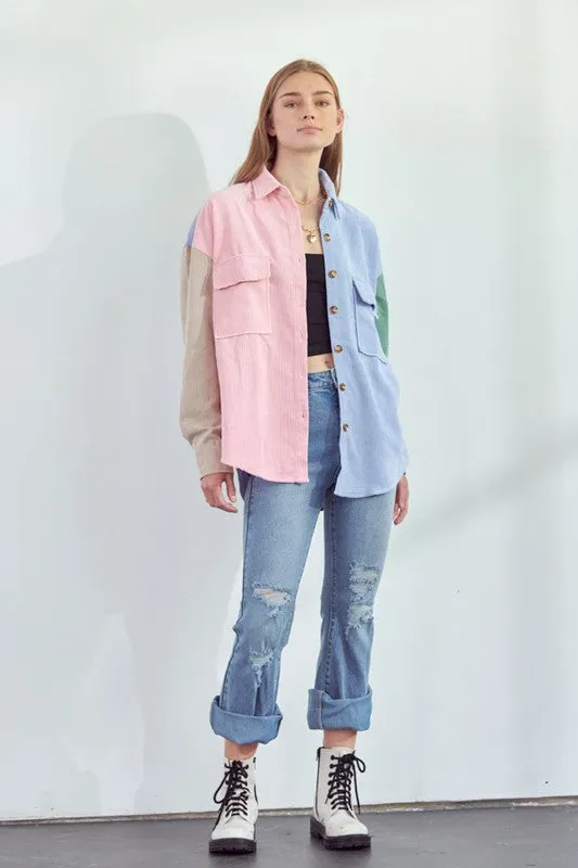 Color Block Oversized Fit Button Down Shirts