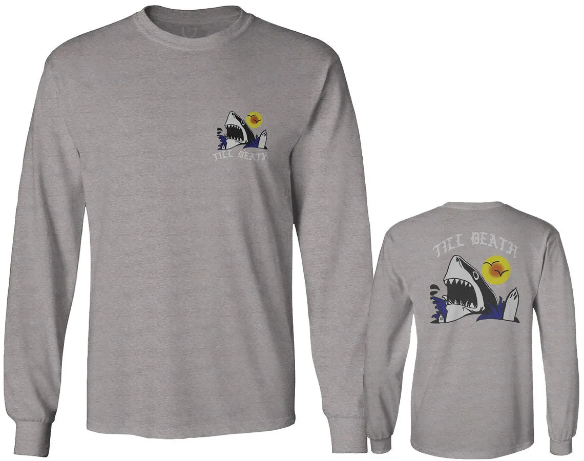 Front and Back Shark Summer Vibe Cool Graphic Surf Till Death Obei Society mens Long sleeve t shirt