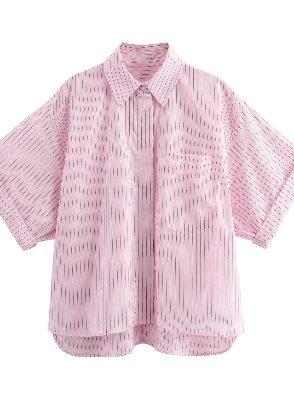 Pocket Poplin Shirt Collared Short Sleeve Front Button Tops