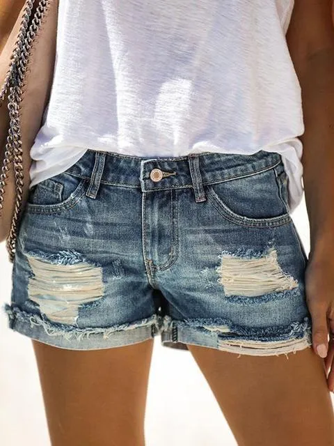 Solid Color Hand-Worn Denim Shorts