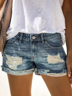 Solid Color Hand-Worn Denim Shorts